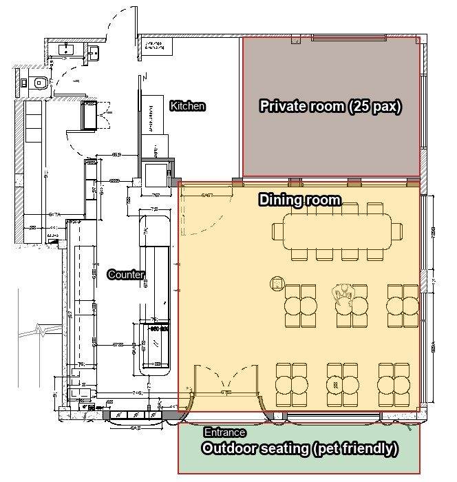 Chip Bee Gardens floor plan showing the private room, dining room and outdoor seating