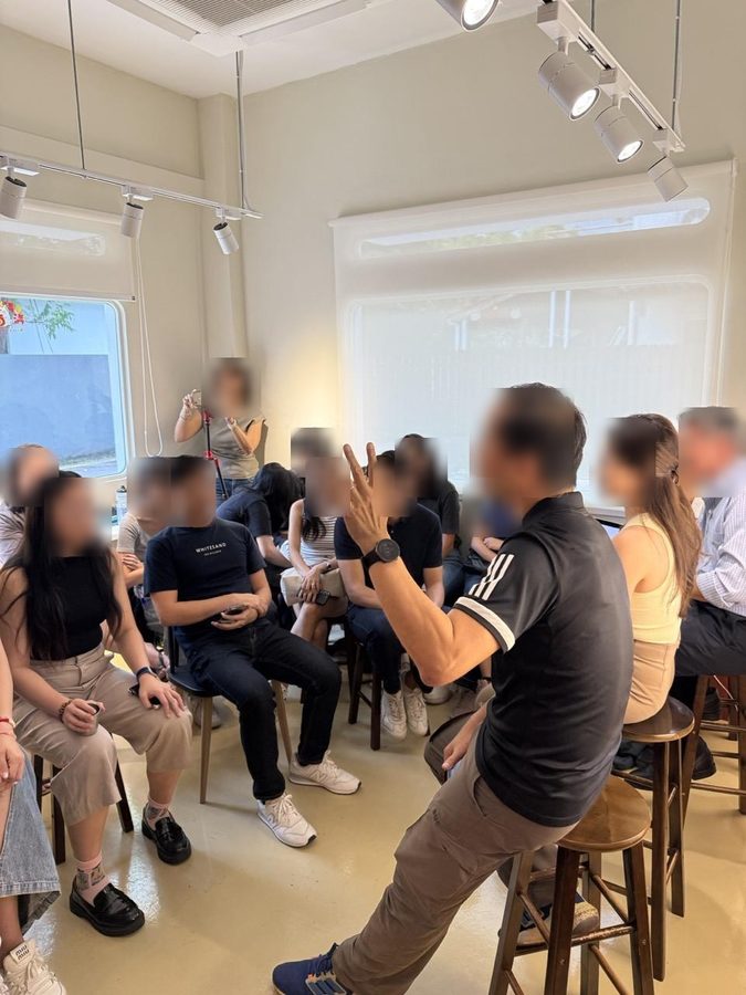 A talk with seated guests