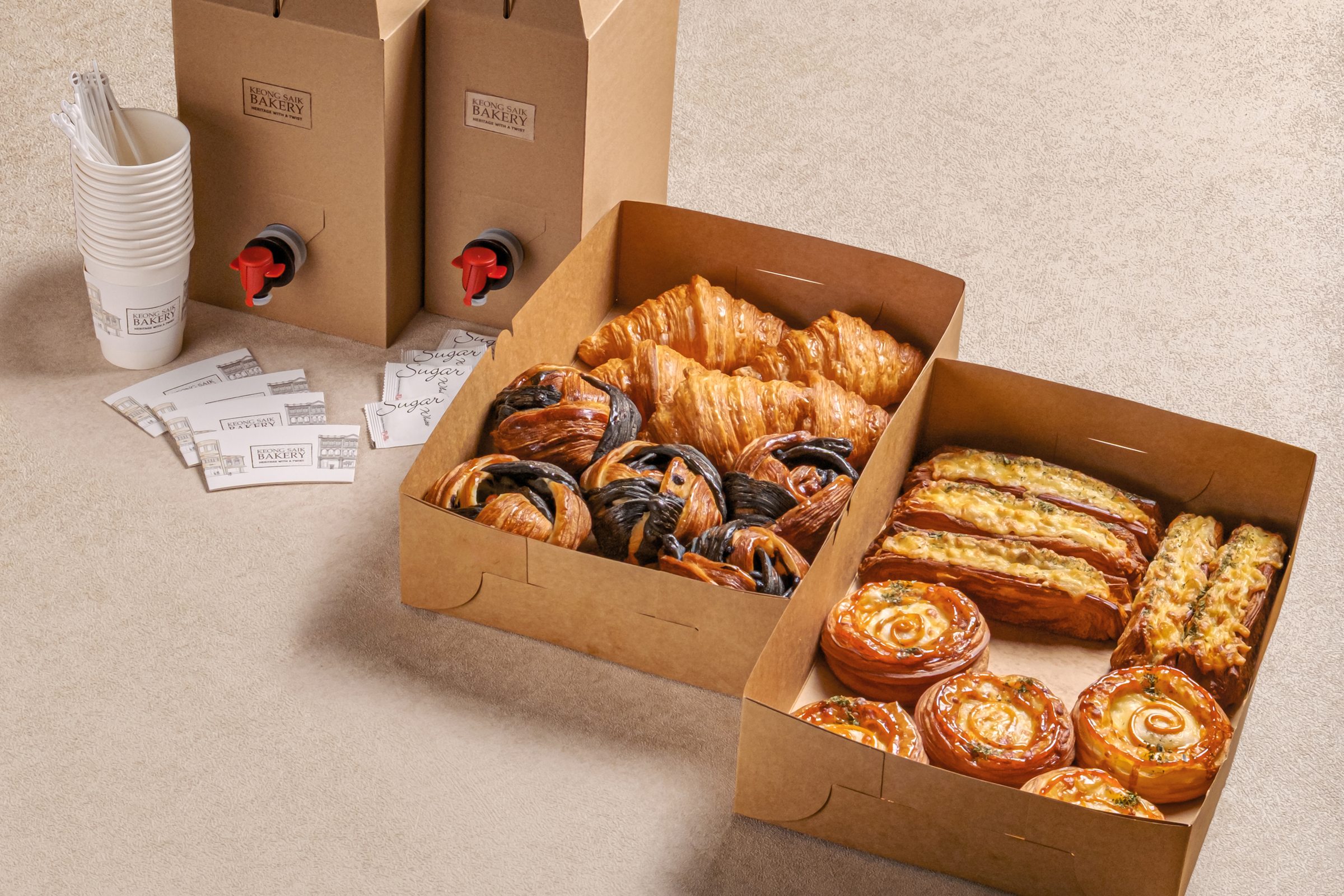 Office catering bundle with pastries and Kopi-O Milo dispensers — Keong Saik Bakery